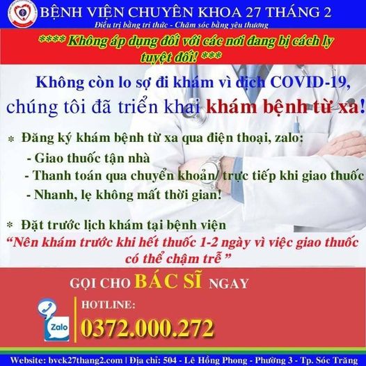 KHÁM ONLINE DỊCH VỤ CHO NGƯỜI BÊNH TRONG TỈNH SÓC TRĂNG