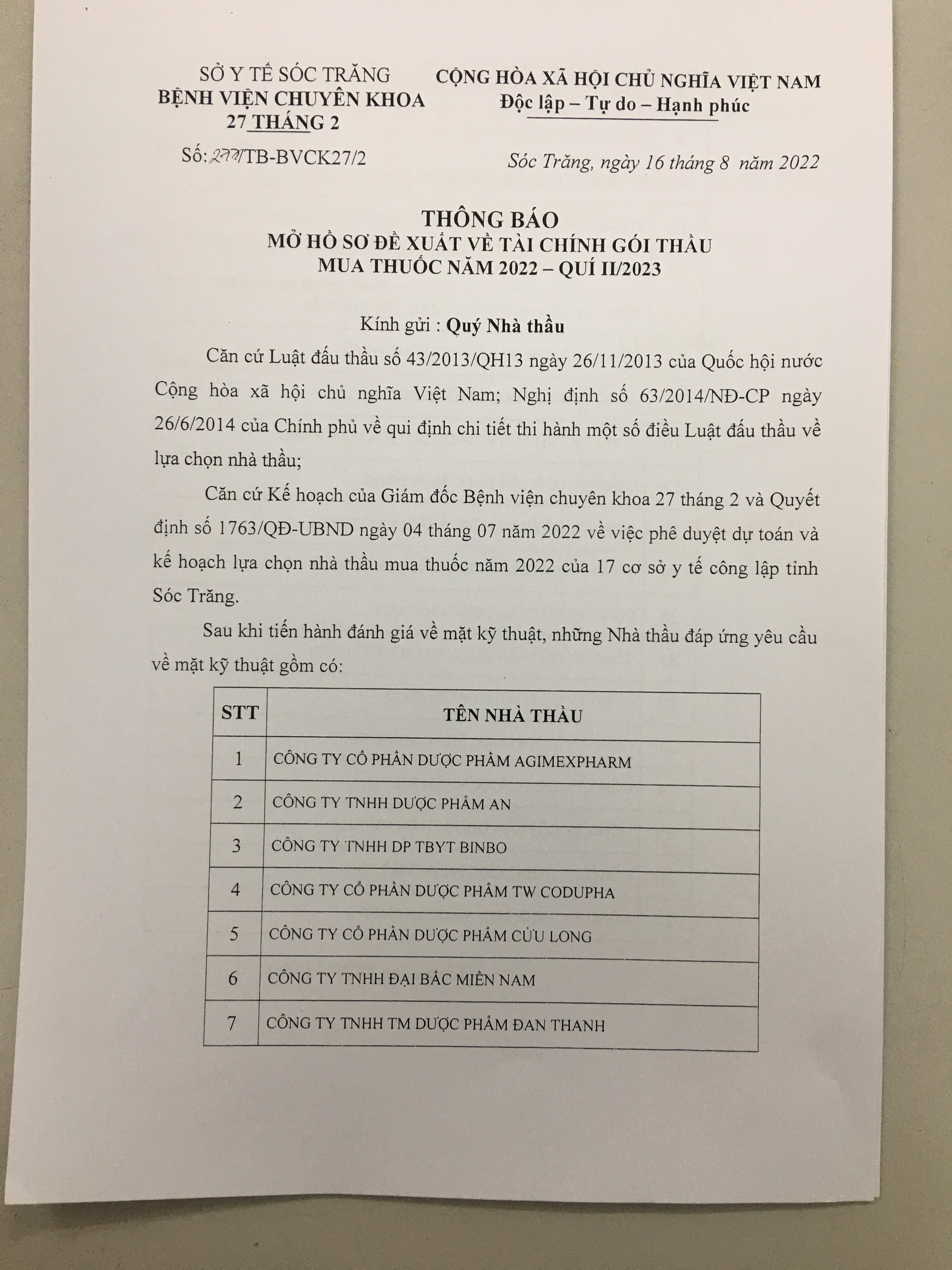 THÔNG BÁO MỞ HỒ SƠ ĐỀ XUẤT TÀI CHÍNH GÓI THẦU MUA THUỐC NĂM 2022 - QUÍ II/2023